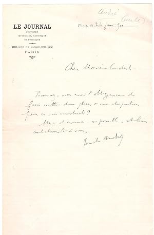 Mot autographe à entête LE JOURNAL 100, rue de Richelieu Paris signé Emile André adressé à Monsie...