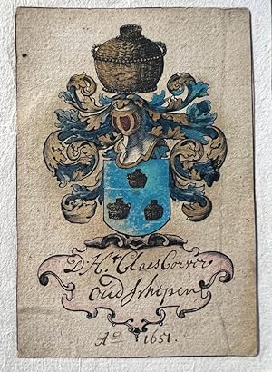 [17th century heraldic drawing, coat of arms] Handcolored on parchment of D.H. Claes Corver, oud ...