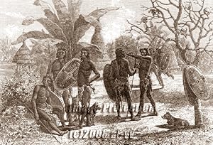 Niam-Niam warriors in village,Antique Historical Print