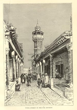 Street in the Suk District of Tunis,Antique Historical Print