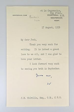 A 17 August 1958 typed letter signed by Winston S. Churchill to his friend, confidante, and longt...