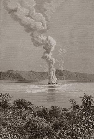 Ilopango volcanic caldera in central El Salvador ,Antique Historical Volcanology Print