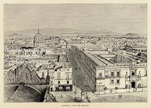 Mexico City landscape View,Antique Historical Print