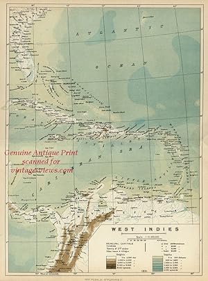 The West Indies,Antique Colour Historical Map