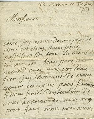 ALS from Mme Douglas to "Monsieur" dated Namur (Belgium) 1733 concerning his support for her in h...