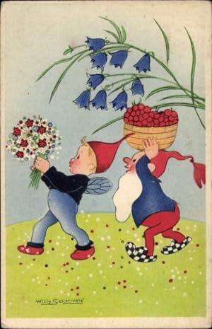 Künstler Ansichtskarte / Postkarte Schermele, W., Zwerge, Geschenke, Blumenstrauß, Korb mit Beeren