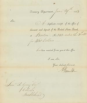 Signed Treasury Receipt addressed to Samuel Gerry, Collector at Marblehead, 1793