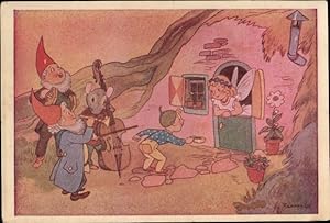 Künstler Ansichtskarte / Postkarte Musizierende Zwerge und Maus, Elfe