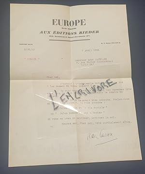 Lettre signée de Jean Cassou - Avril 1936