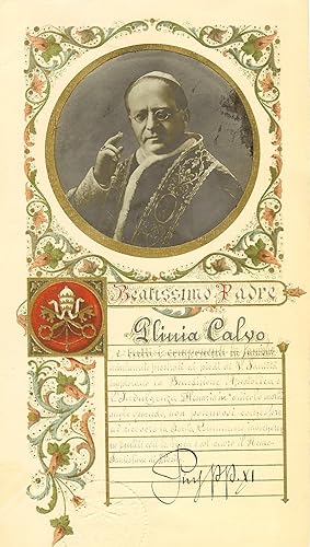 ORNATE HAND-ILLUMINATED PAPAL BENEDICTION SIGNED BY POPE PIUS XI