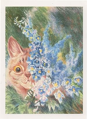 Louis Wain Cat Behind Blue Foxgloves Rare Stunning Repro Postcard