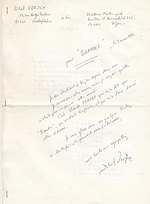 Michel VERJUX lettre autographe signée et poèmes