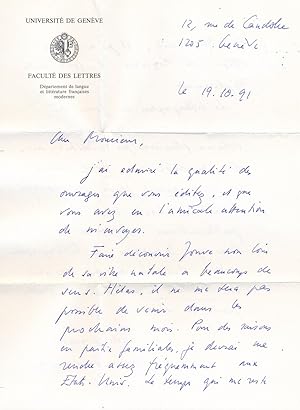 Jean STAROBINSKI lettre autographe signée