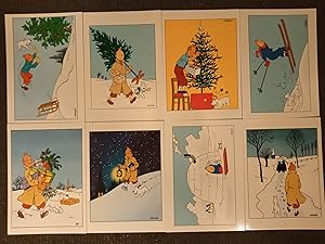 8 cartes postales deux volets Tintin - Noël, Hiver - Avec enveloppes