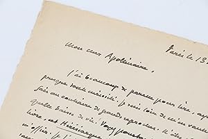 Lettre autographe adressée à Guillaume Apollinaire : "J'ai beaucoup de paresse à lire, ayant perd...