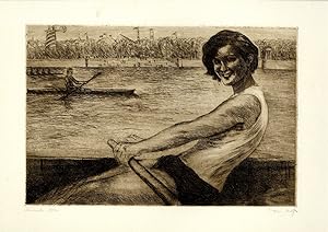 Signed, dated, original drypoint of a young woman rowing