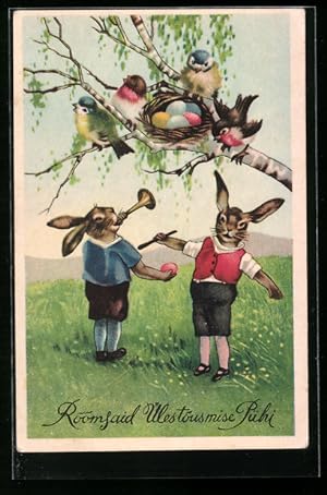 Künstler-Ansichtskarte Osterhase, unter dem Baum mit einem Nest voller bunter Eier