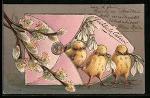 Foto-Ansichtskarte Fröhliche Ostern, Osterküken klettern aus Briefumschlag