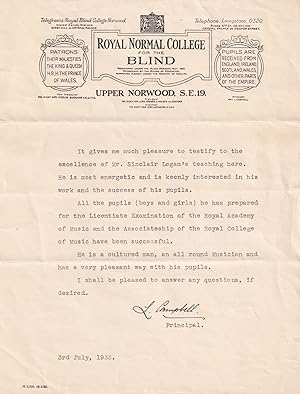 Classical Composer Royal Normal College For The Blind Hand Signed Letter