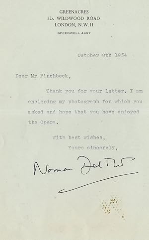 Norman Del Mar British Conductor Strauss Hand Signed 1954 Letter