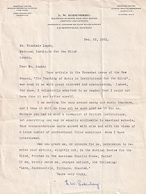LW Rodenberg Braille Illinois School For The Blind USA Hand Signed Classical Composer Letter