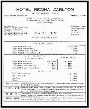 Hotel Regina Carlton, Rome Italy 1966 Season Rate Sheet