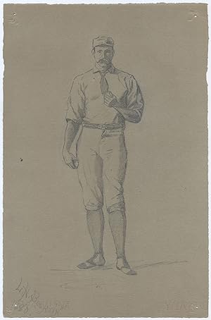 Original Drawing of a Baseball Pitcher in Uniform, holding a Baseball