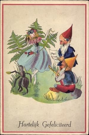 Ansichtskarte / Postkarte Glückwunsch, Hartelijk Gefeliciteerd, Zwerge, tanzende Elfe, Ameise