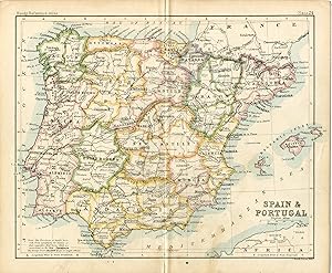 Mapa de España y Portugal grabado en 1879 por John Bartholomew