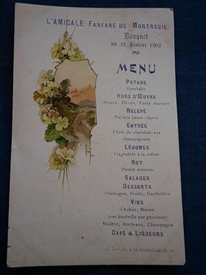 CPA L'Amicale Fanfare de Montreuil Banquet du 18 Janvier 1902 menu Devers