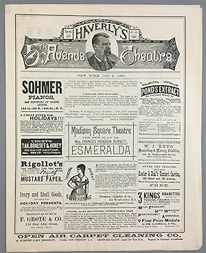Dec. 3, 1881 HAVERLY'S 5TH AVENUE THEATRE Program "INGOMAR-The Barbarian"