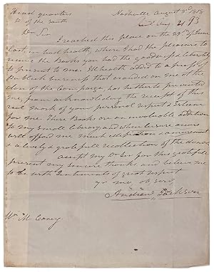 [Autograph letter, Signed, from Andrew Jackson to Philadelphia bookseller Mathew Carey, thanking ...