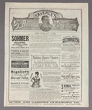 Jan 9, 1882 HAVERLY'S 5TH AVENUE THEATRE Program "OLIVETTE"