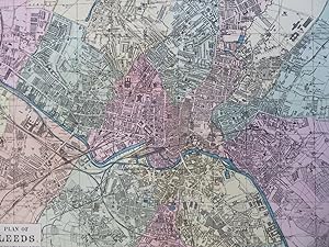 Leeds England c. 1880's large detailed city plan indexed hand color map