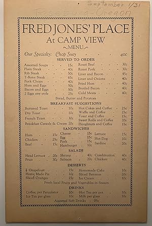 Fred Jones' Place at Camp View--Menu 1931