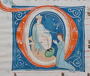 Queen Esther Kneeling before King Ahasuerus in a historiated initial on a leaf from a large illum...