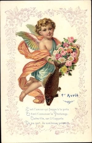 Ansichtskarte / Postkarte Glückwunsch 1. April, Engel, Fisch, Blumenstrauß