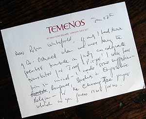 Letter to Robin Waterfield, circa 1984, about contributions to Temenos