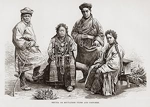 Bhutia or Bhutanese People types and Costumes,1882 Antique Print