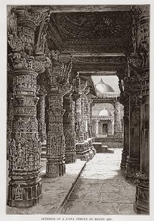 Interior of a Jaina temple on Mount Abu in India,1882 Antique Print