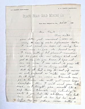 1911 Letter BLACK BEAR GOLD MINING CO., SAWYERS BAR, SISKIYOU COUNTY, CALIFORNIA, WHITING FAMILY,...