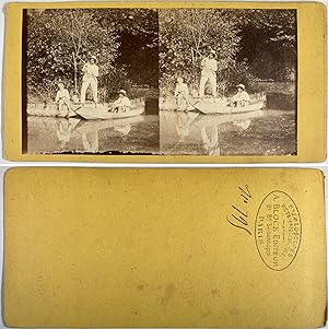 Homme et garçons pêchant près d'une barque, Vintage albumen print, ca.1870, Stéréo