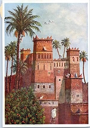 Maroc, aquarelle d'une Casbah du Sud, Vintage carte postale, ca.1935