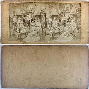 Femmes et leurs rouets, Vintage albumen print, ca.1880, Stéréo