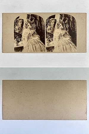 Une mariée et son voile dans le miroir, Vintage albumen print, ca.1860, Stéréo