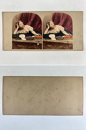 Femme allongée sur un coussin, Vintage albumen print, ca.1860, Stéréo