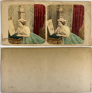 Jeune femme observant une image, Vintage albumen print, ca.1860, Stéréo
