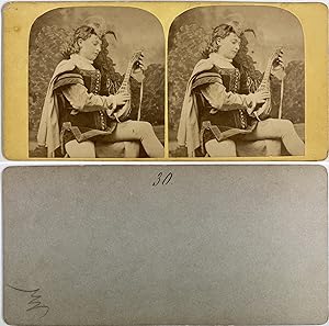 Jeune homme à la lute en costume renaissance, Vintage albumen print, ca.1870, Stéréo