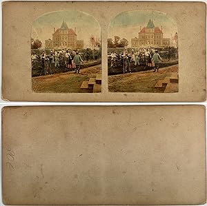 Paysans plantant des arbres devant un château, Vintage albumen print, ca.1860, Stéréo