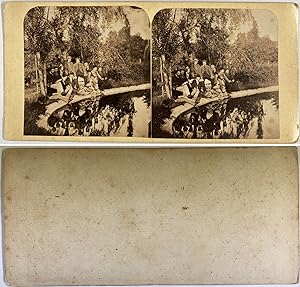 Jeunes hommes près d'un étang, Vintage albumen print, ca.1870, Stéréo